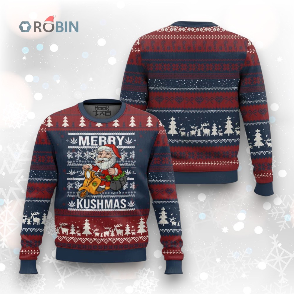 Merry Kushmas Ugly Christmas Sweater Ugly Santa Smoking Cannabis Weed 420 Xmas Merry Kushmas Ugly Christmas Sweater Ugly Santa Smoking Cannabis Weed 420 Xmas