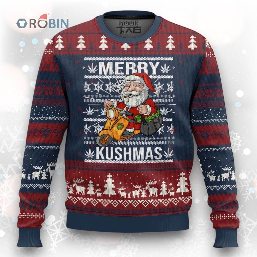 Merry Kushmas Ugly Christmas Sweater Ugly Santa Smoking Cannabis Weed 420 Xmas Merry Kushmas Ugly Christmas Sweater Ugly Santa Smoking Cannabis Weed 420 Xmas