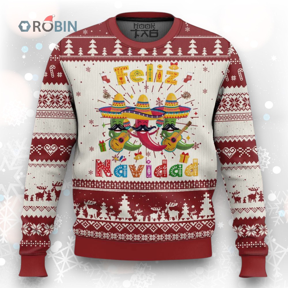 Mexico Xmas Ugly Christmas Sweater Feliz Navidad Mexican Fiesta Hot Pepper Guitar Party Mexico Xmas Ugly Christmas Sweater Feliz Navidad Mexican Fiesta Hot Pepper Guitar Party