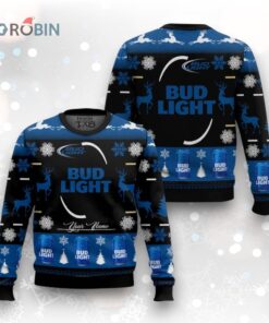 Personalized Bud Light Logo With Reindeer Black And Blue 2024 Ugly Christmas Sweater