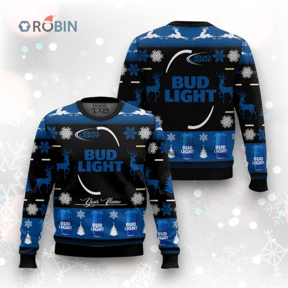 Personalized Bud Light Logo With Reindeer Black And Blue 2024 Ugly Christmas Sweater Personalized Bud Light Logo With Reindeer Black And Blue 2024 Ugly Christmas Sweater