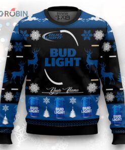 Personalized Bud Light Logo With Reindeer Black And Blue 2024 Ugly Christmas Sweater