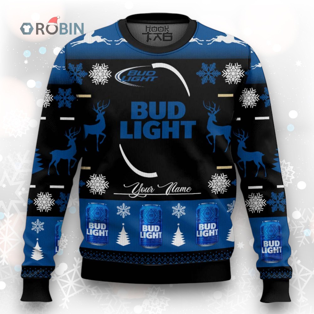 Personalized Bud Light Logo With Reindeer Black And Blue 2024 Ugly Christmas Sweater Personalized Bud Light Logo With Reindeer Black And Blue 2024 Ugly Christmas Sweater