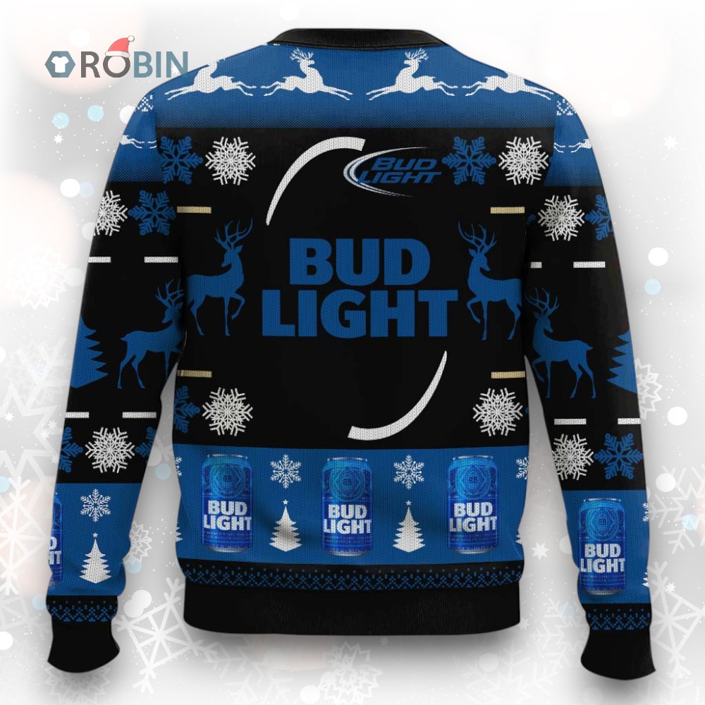 Personalized Bud Light Logo With Reindeer Black And Blue 2024 Ugly Christmas Sweater Personalized Bud Light Logo With Reindeer Black And Blue 2024 Ugly Christmas Sweater