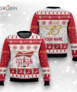Personalized Budweiser Makes Me High Ugly Christmas Sweater