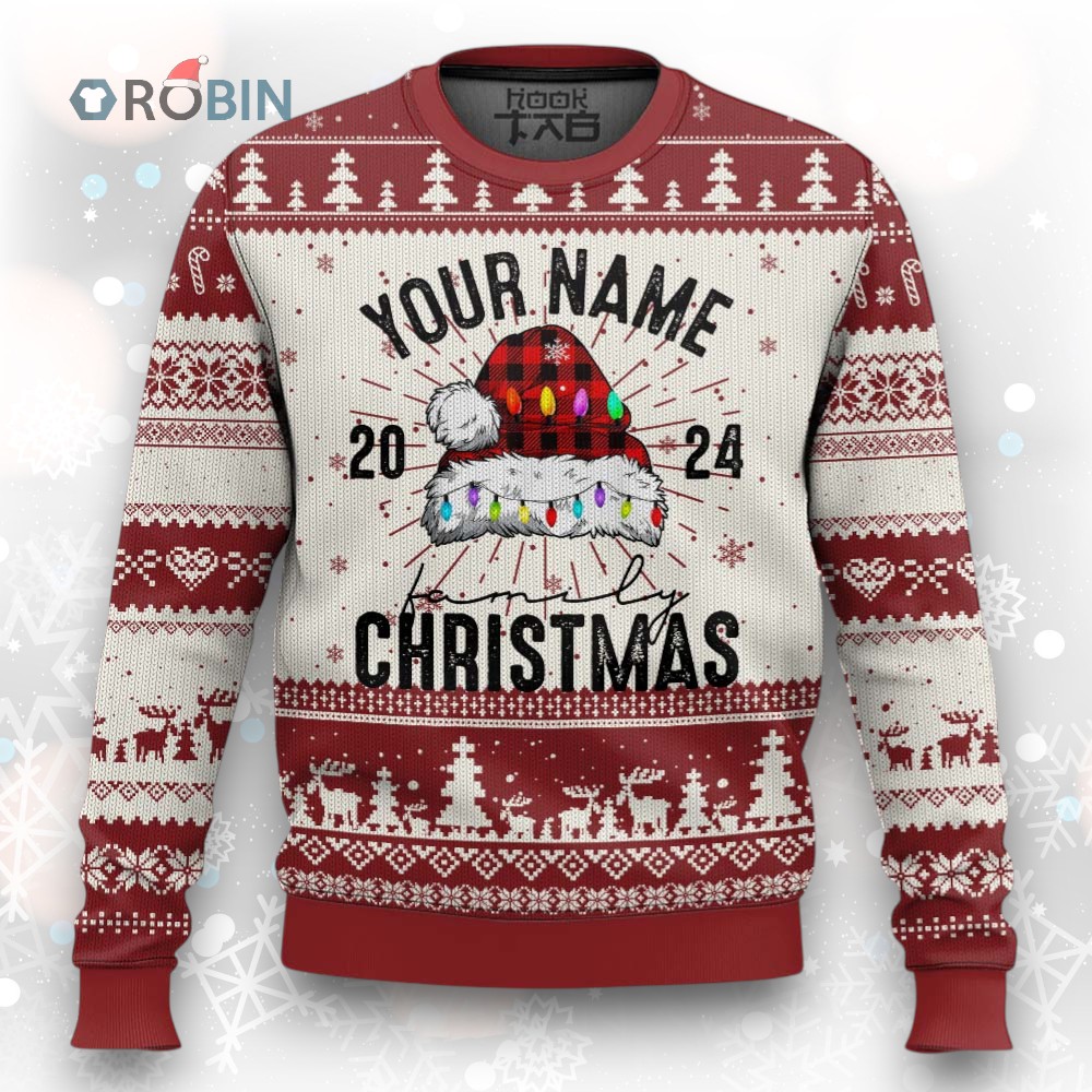 Personalized Xmas Family Ugly Christmas Sweater Custom Name Family Xmas 2024 Santa Hat Personalized Xmas Family Ugly Christmas Sweater Custom Name Family Xmas 2024 Santa Hat