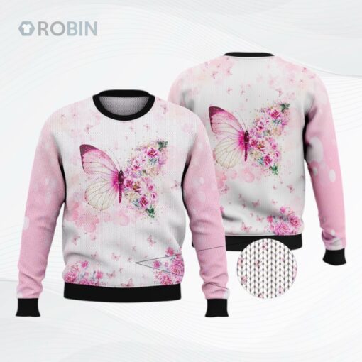 Pink Butterfly Floral Ugly Christmas Sweater, Sweatshirt