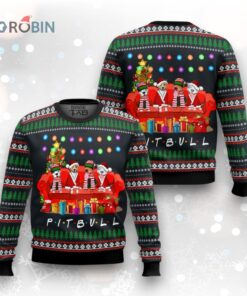 Pit Bull Friends On Red Sofa Ugly Christmas Sweater Pit Bull Friends On Red Sofa Ugly Christmas Sweater