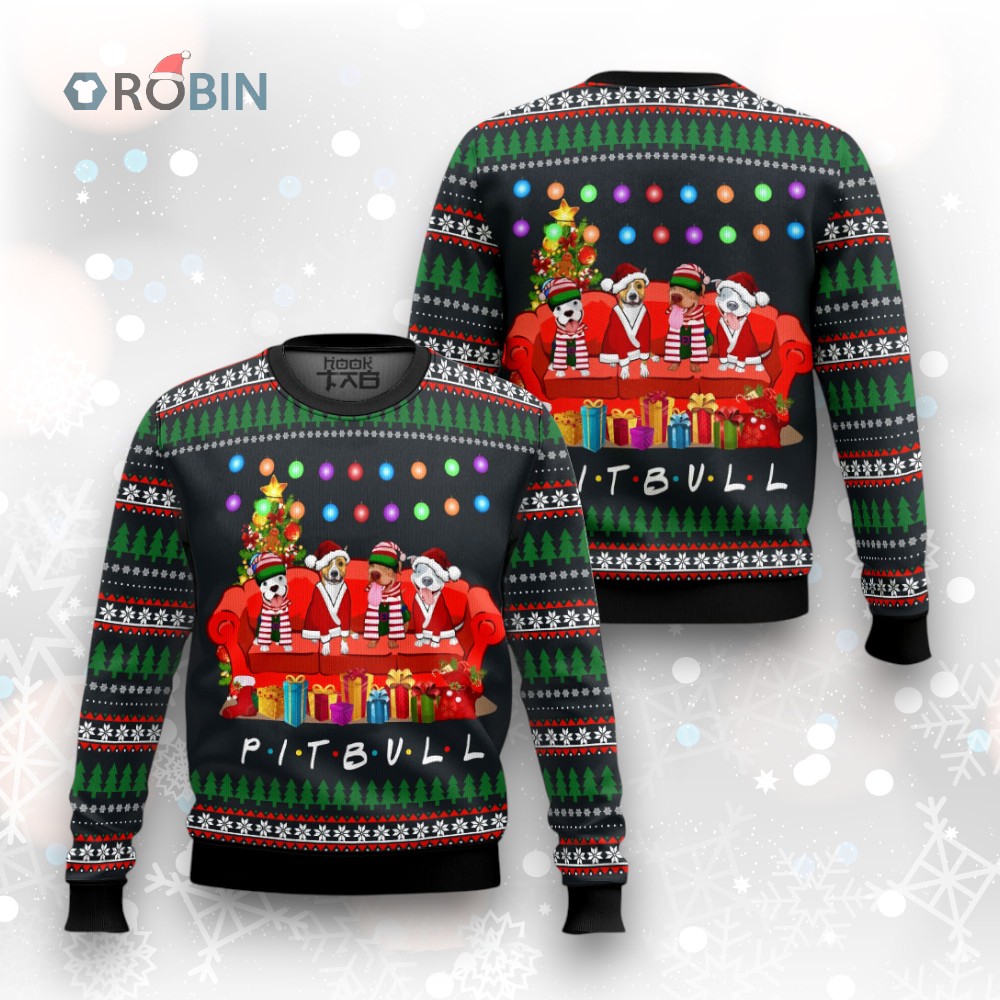 Pit Bull Friends On Red Sofa Ugly Christmas Sweater Pit Bull Friends On Red Sofa Ugly Christmas Sweater