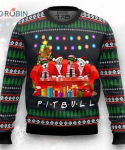 Pit Bull Friends On Red Sofa Ugly Christmas Sweater Pit Bull Friends On Red Sofa Ugly Christmas Sweater