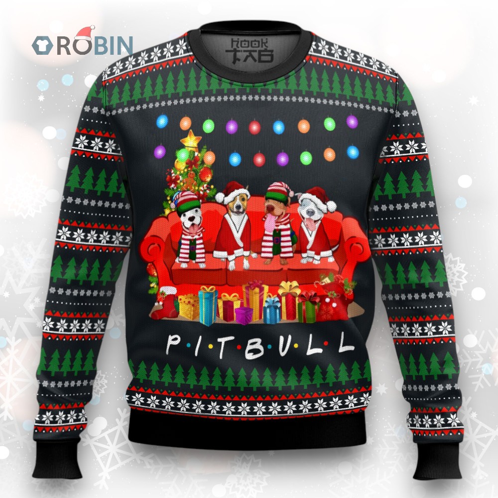 Pit Bull Friends On Red Sofa Ugly Christmas Sweater Pit Bull Friends On Red Sofa Ugly Christmas Sweater