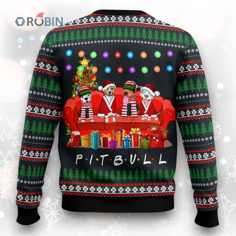Pit Bull Friends On Red Sofa Ugly Christmas Sweater Pit Bull Friends On Red Sofa Ugly Christmas Sweater