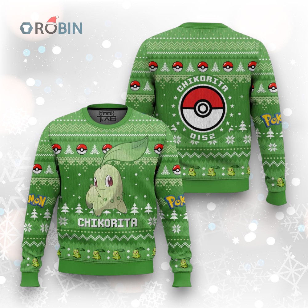 Pokemon Gen 2 Chikorita Ugly Christmas Sweater Pokemon Gen 2 Chikorita Ugly Christmas Sweater