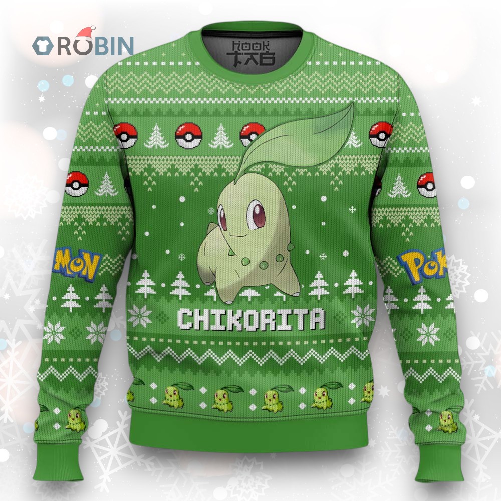 Pokemon Gen 2 Chikorita Ugly Christmas Sweater Pokemon Gen 2 Chikorita Ugly Christmas Sweater