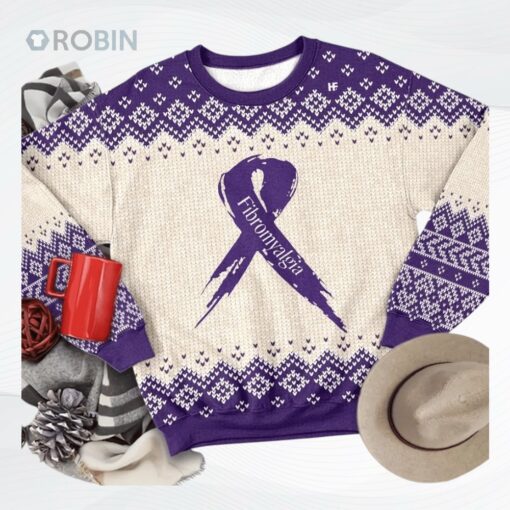 Purple Ribbon Fibromyalgia Awareness Ugly Christmas Sweater, Sweatshirt