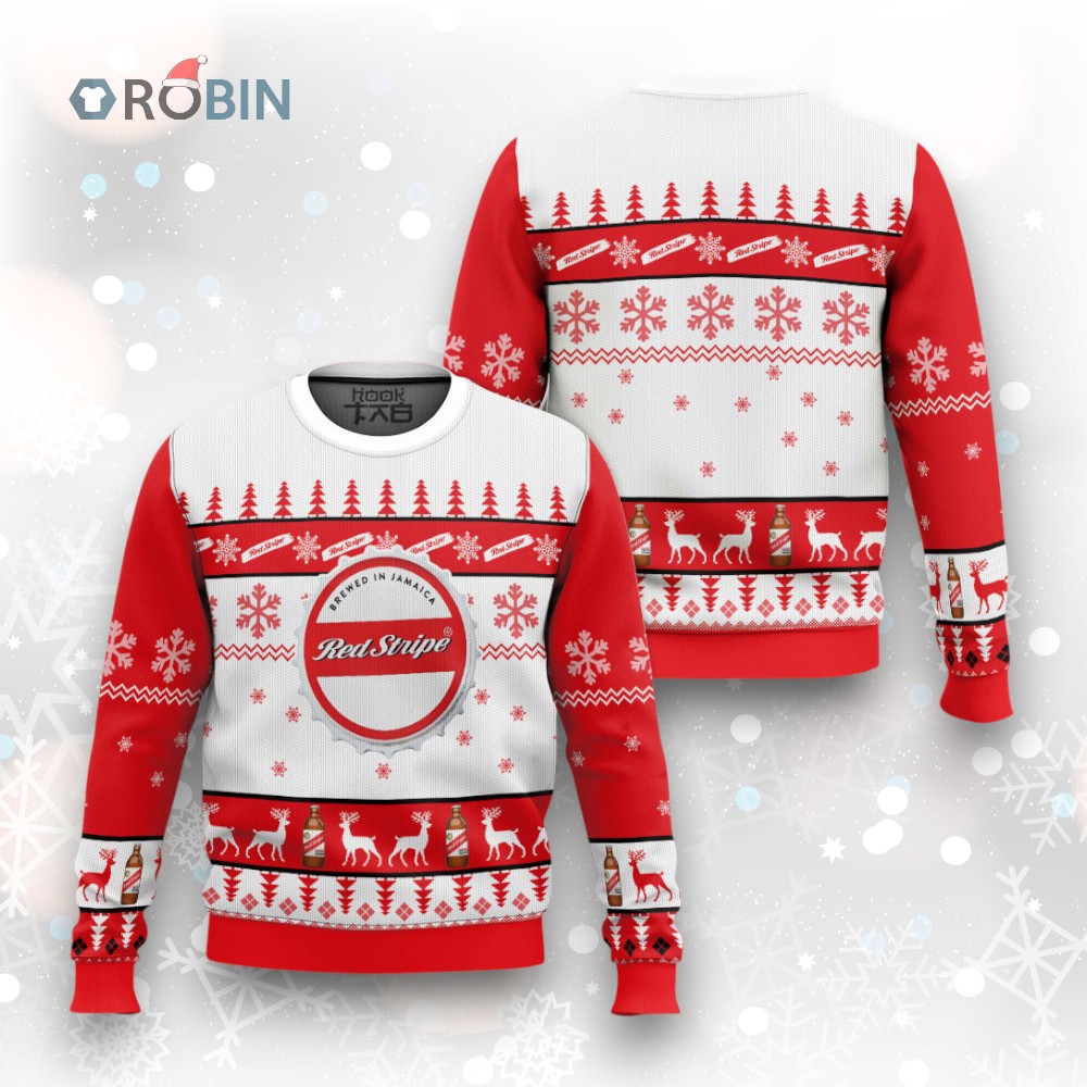 Red Stripe Beer Ugly Christmas Sweater with Unique Design for Holiday Cheer Red Stripe Beer Ugly Christmas Sweater with Unique Design for Holiday Cheer