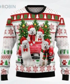 Samoyed Red Truck Ugly Christmas Sweater