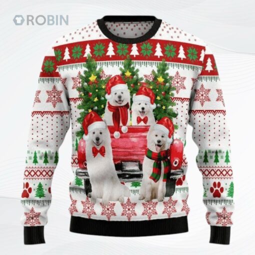 Samoyed Red Truck Ugly Christmas Sweater