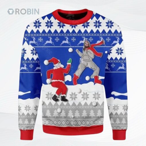 Santa And Jesus Playing Snowball For Ugly Christmas Sweater