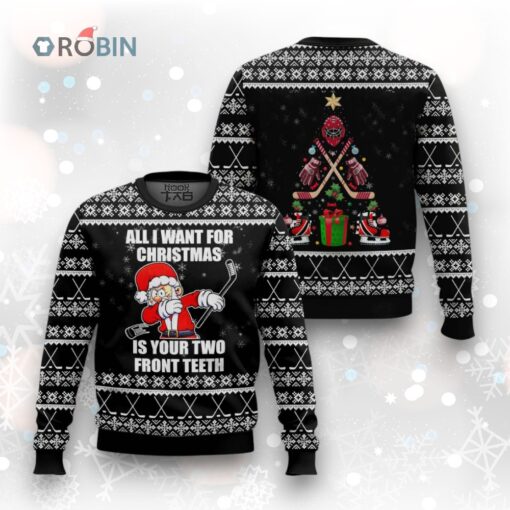 Santa Hockey Wants Your Two Front Teeth Ugly Christmas Sweater