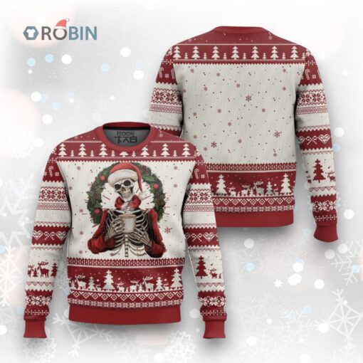Skeleton Christmas Ugly Christmas Sweater Dead Inside But Caffeinated Coffee Lover Xmas Vibe