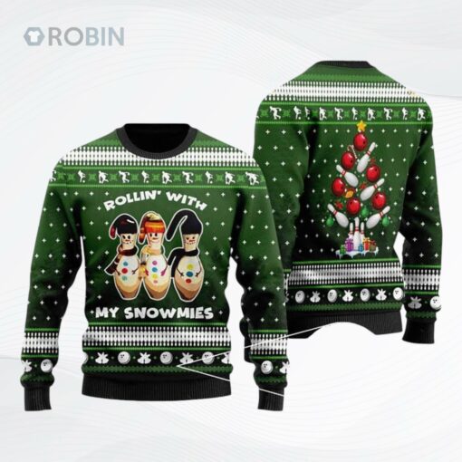 Snowman Bowling With Sayings Rollin With My Snowmies Ugly Christmas Sweater