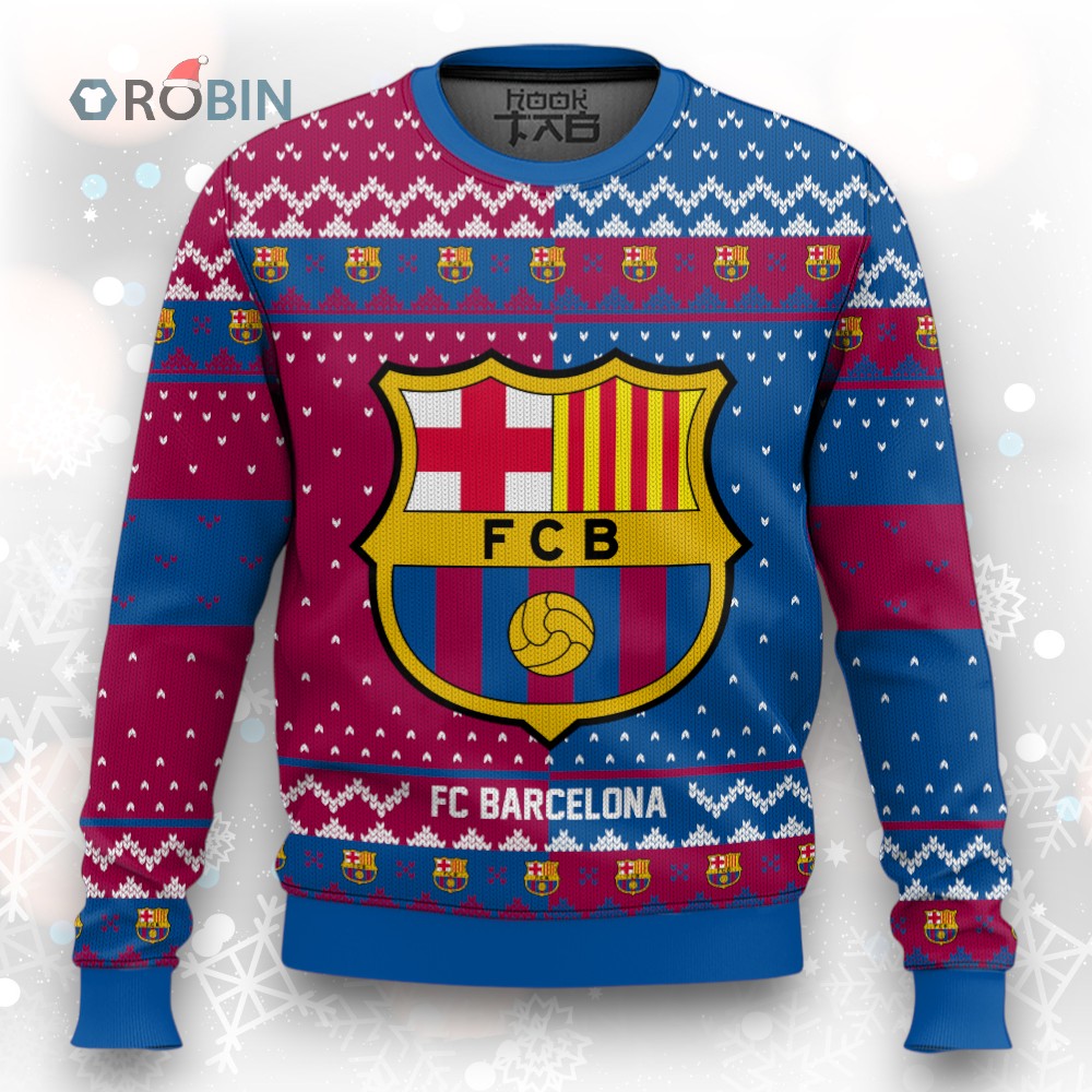 Soccer Team FC Barcelona Christmas Ugly Christmas Sweater Soccer Team FC Barcelona Christmas Ugly Christmas Sweater