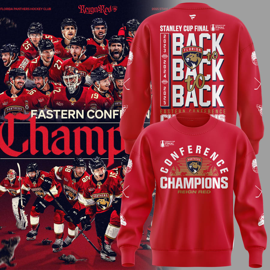 Special Edition Florida Panthers Back-To Back-To-Back Eastern Conference Champions Sweatshirt 2025, Florida Panthers Gear Special Edition Florida Panthers Back-To Back-To-Back Eastern Conference Champions Sweatshirt 2025, Florida Panthers Gear