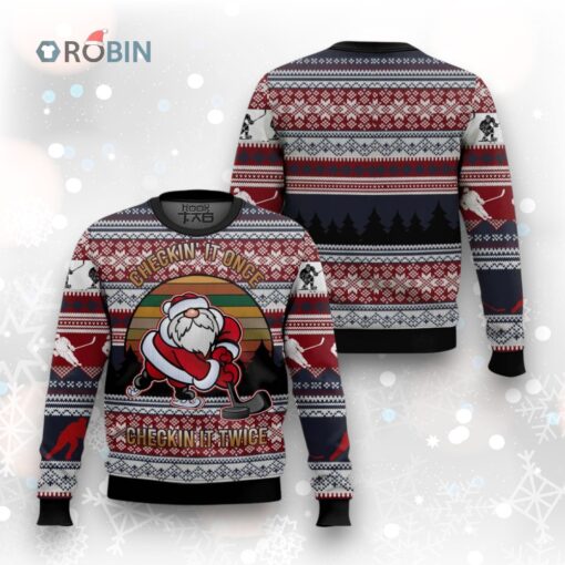 Ugly Christmas Sweater   Hockey Theme ‘Checking It Once, Checking It Twice’