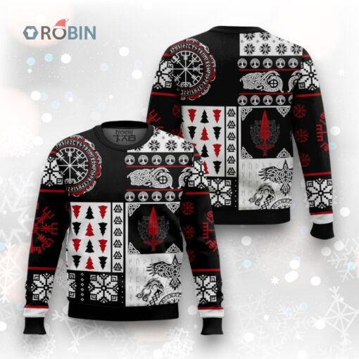 Viking Warrior Spirit Christmas Sweater   Norse Symbols of Power and Protection Viking Ugly Christmas Sweater