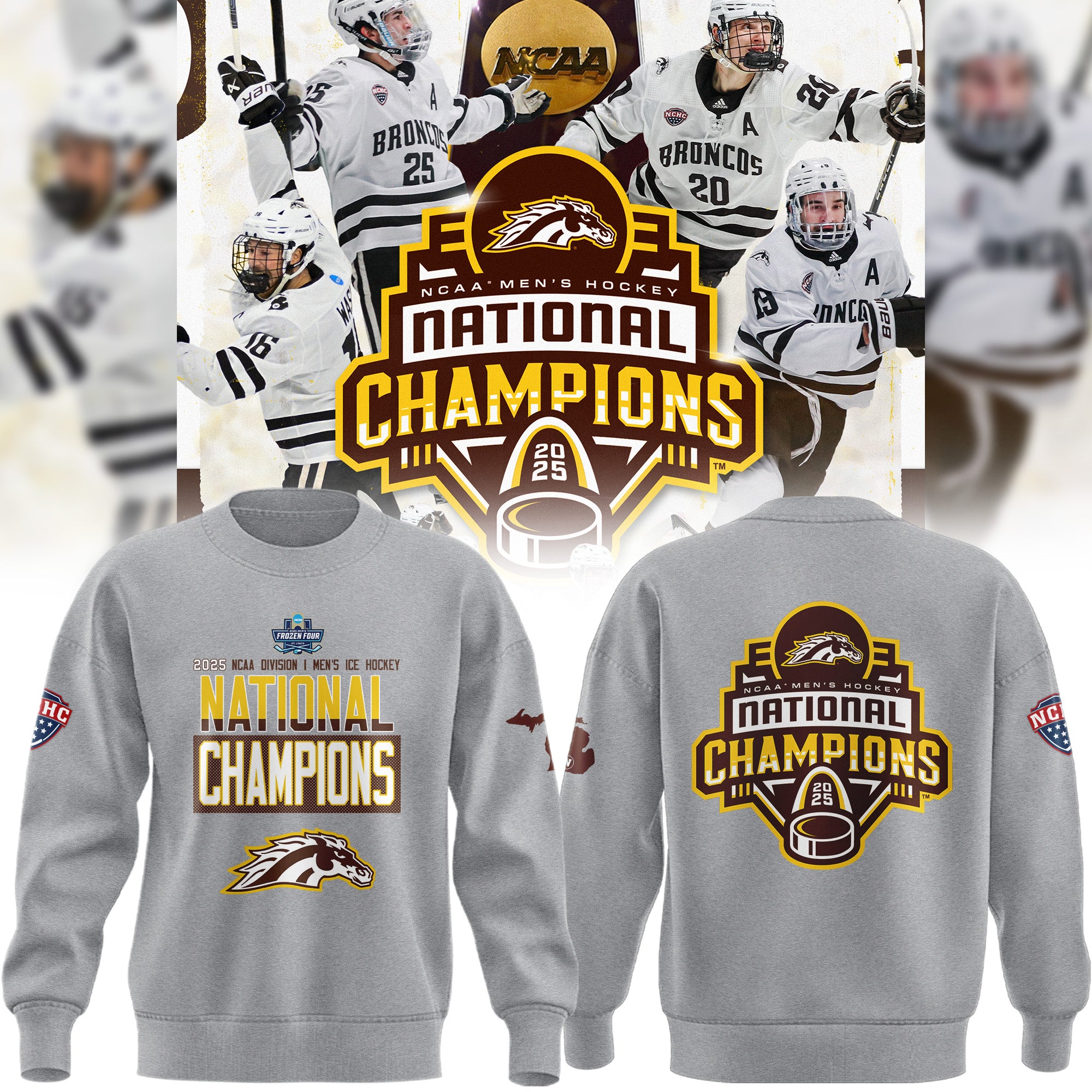Western Michigan University Broncos Special New National Mens Hockey Champions Grey Sweatshirt Western Michigan University Broncos Special New National Mens Hockey Champions Grey Sweatshirt
