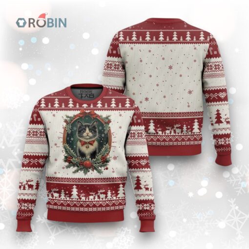 Xmas Cat Ugly Christmas Sweater Vintage Kitten Royal Holly Victorian Wreath