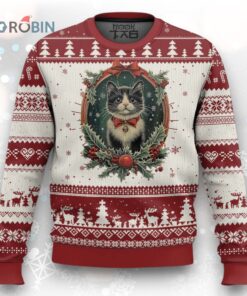 Xmas Cat Ugly Christmas Sweater Vintage Kitten Royal Holly Victorian Wreath