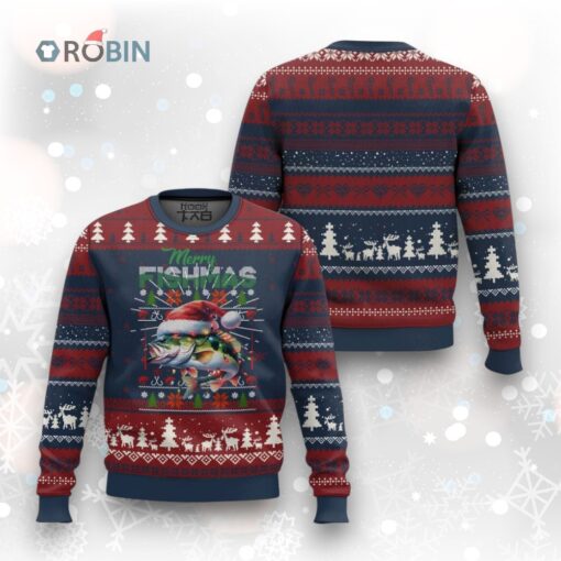 Xmas Fishing Ugly Christmas Sweater Merry Fishmas Fisherman Santa Hat Fish