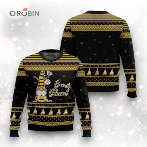 Yellow And Black Gnome With Flowers Bee Blessed Gift For Christmas Ugly Christmas Sweater