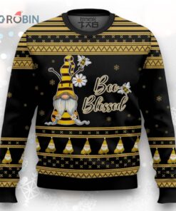 Yellow And Black Gnome With Flowers Bee Blessed Gift For Christmas Ugly Christmas Sweater