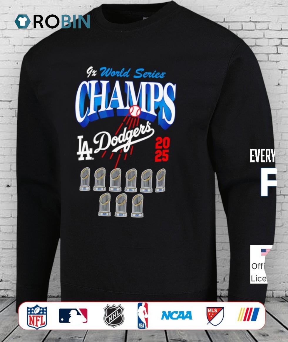 Los Angeles Dodgers 2025 Nine Time World Series Champions Trophy Shirt Los Angeles Dodgers 2025 Nine Time World Series Champions Trophy Shirt