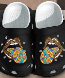 Autism Awareness Lips Crocs – Leopard Print & Puzzle Piece Tongue Shoes