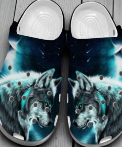 Wolf Lover Gift Idea – Majestic White Wolf in Starry Night Crocs Sandals