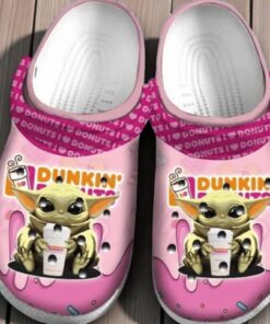 Baby Yoda Dunkin’ Donuts Crocs – Grogu Drinking Coffee Pink Shoes – Funny Star Wars Gift