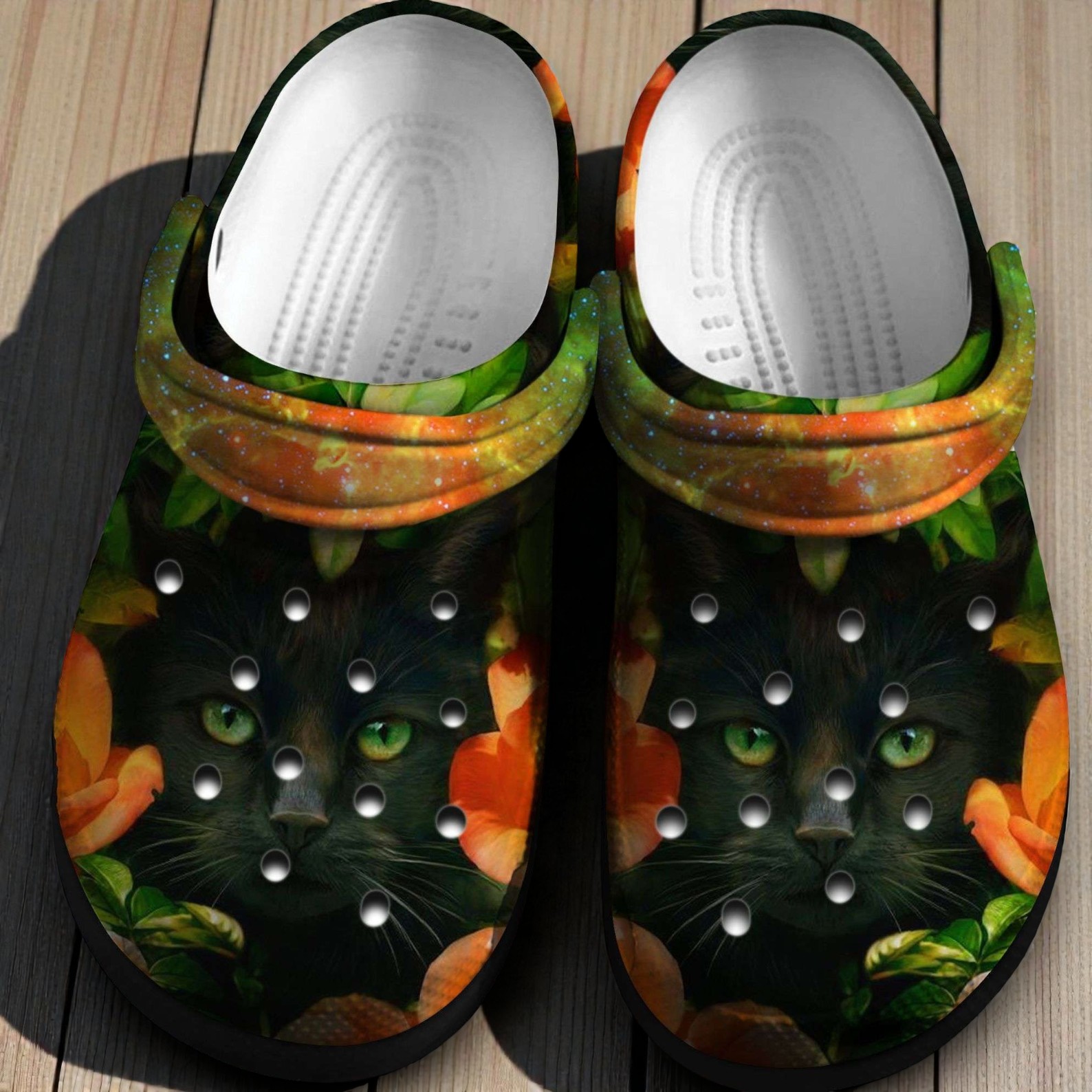 Black Cat In Flowers Crocband Clogs Shoes Black Cat In Flowers Crocband Clogs Shoes