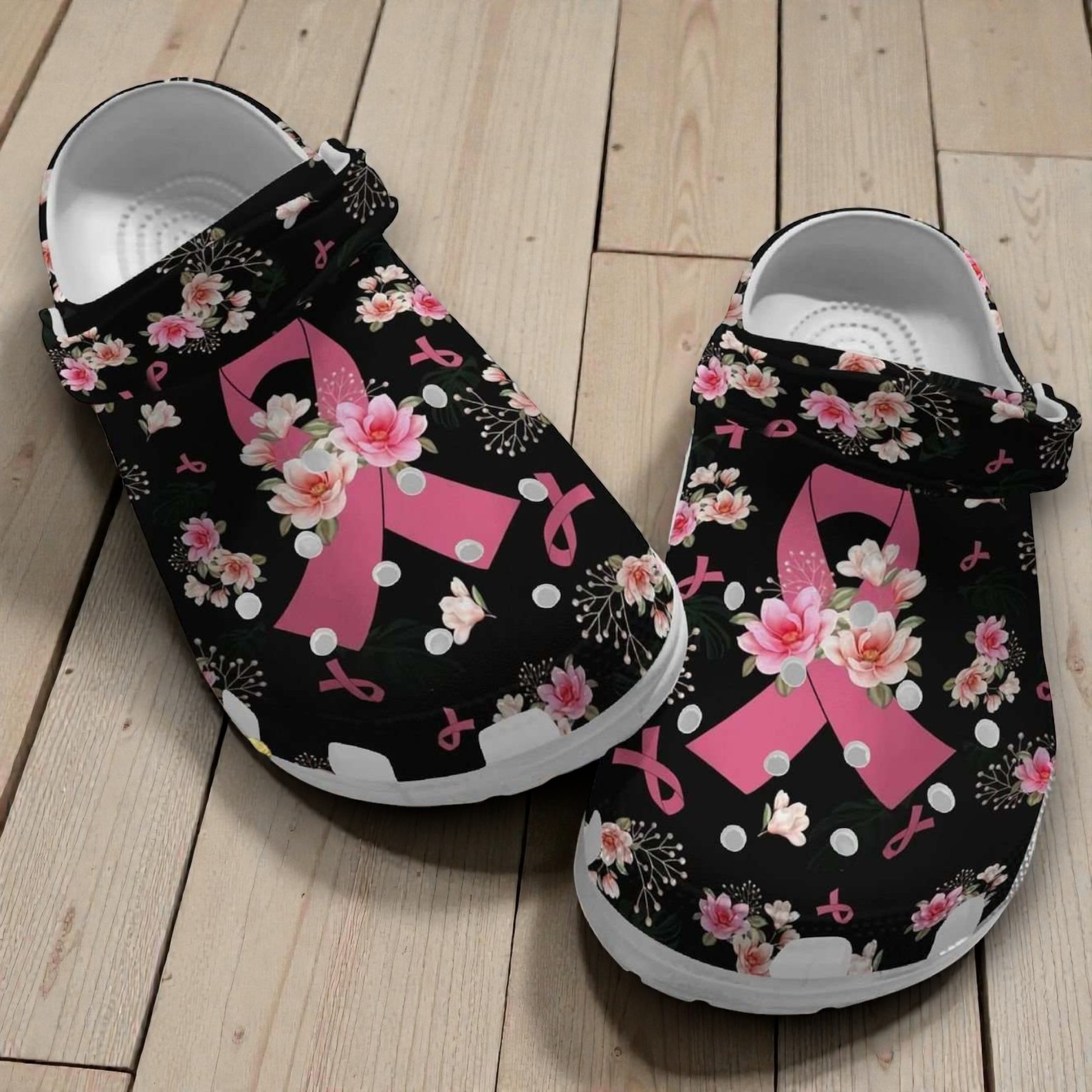 Breast Cancer Awareness Pink Ribbon Crocs – Floral Black Edition Breast Cancer Awareness Pink Ribbon Crocs – Floral Black Edition