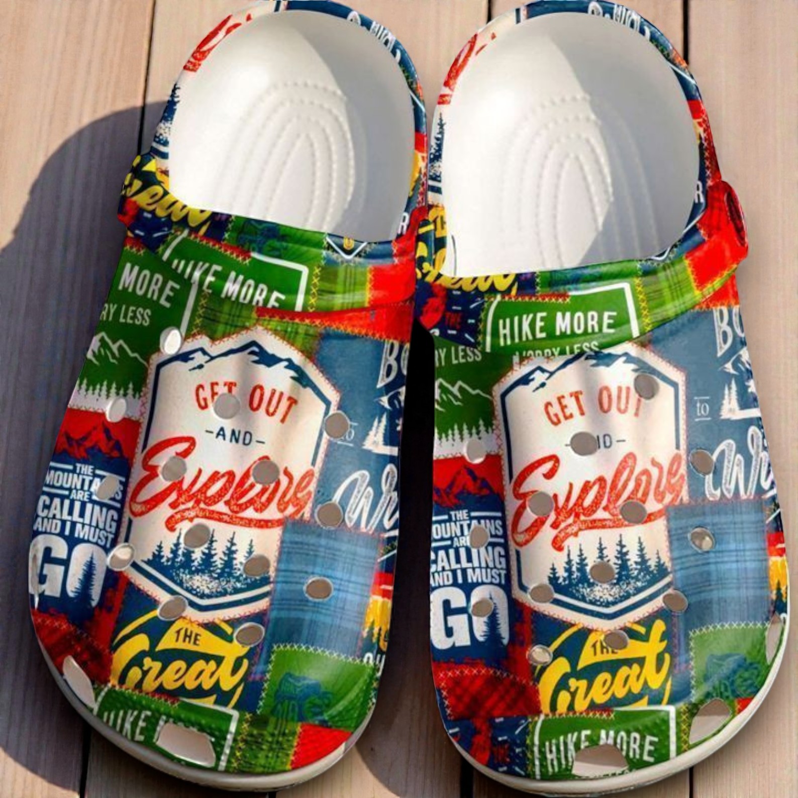 “Get Out & Explore” – Camoing Hiking Adventure Patchwork Crocs “Get Out & Explore” – Camoing Hiking Adventure Patchwork Crocs