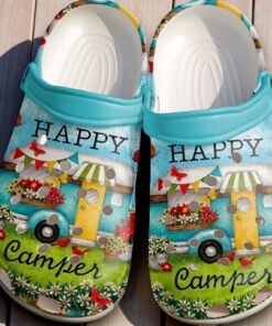 “Happy Camper” – Retro Trailer & Floral Summer Crocs