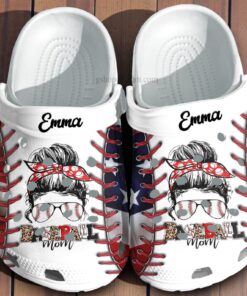 “Cheer Up, Mom!” – Personalized Baseball Mom & American Flag Crocs