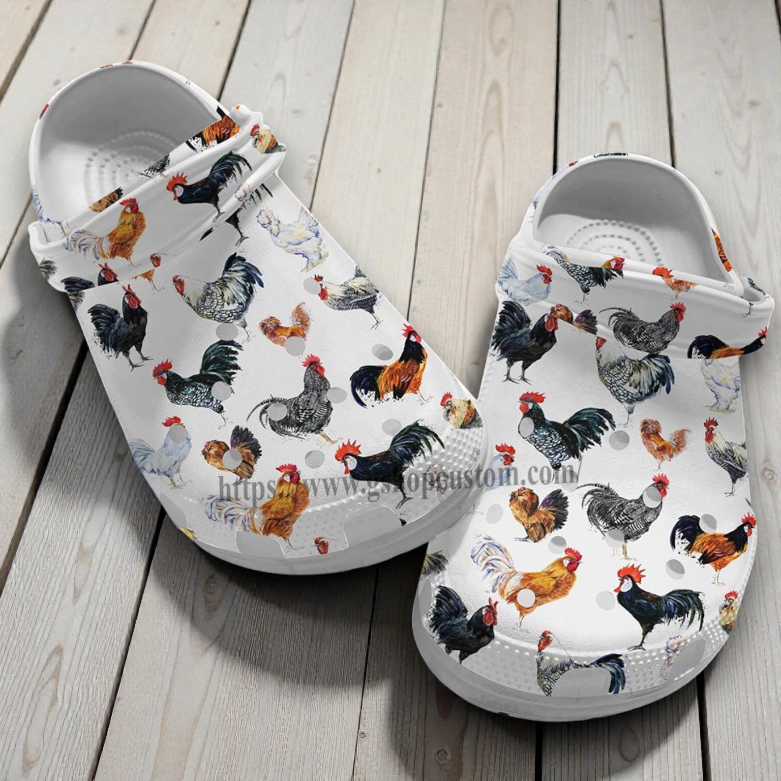 Rooster & Chicken Pattern Crocs – Watercolor Farm Animal Clog Shoes Rooster & Chicken Pattern Crocs – Watercolor Farm Animal Clog Shoes