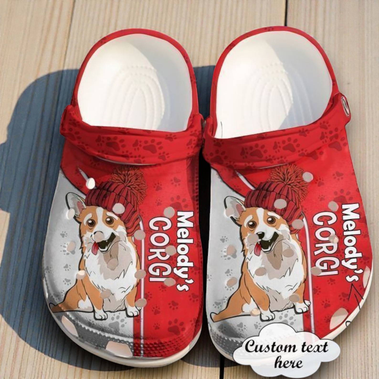 Custom Name Corgi Crocs | Personalized Red Winter Beanie Dog Shoes Custom Name Corgi Crocs | Personalized Red Winter Beanie Dog Shoes
