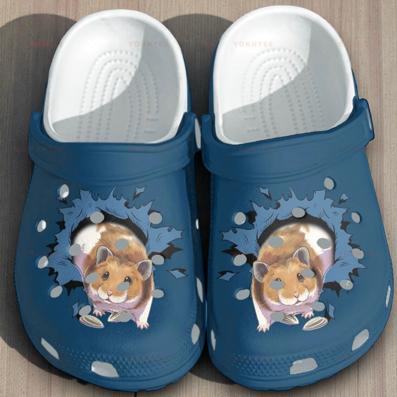 “Peek-a-Boo Hamster” – 3D Ripped Effect Blue Crocs “Peek-a-Boo Hamster” – 3D Ripped Effect Blue Crocs
