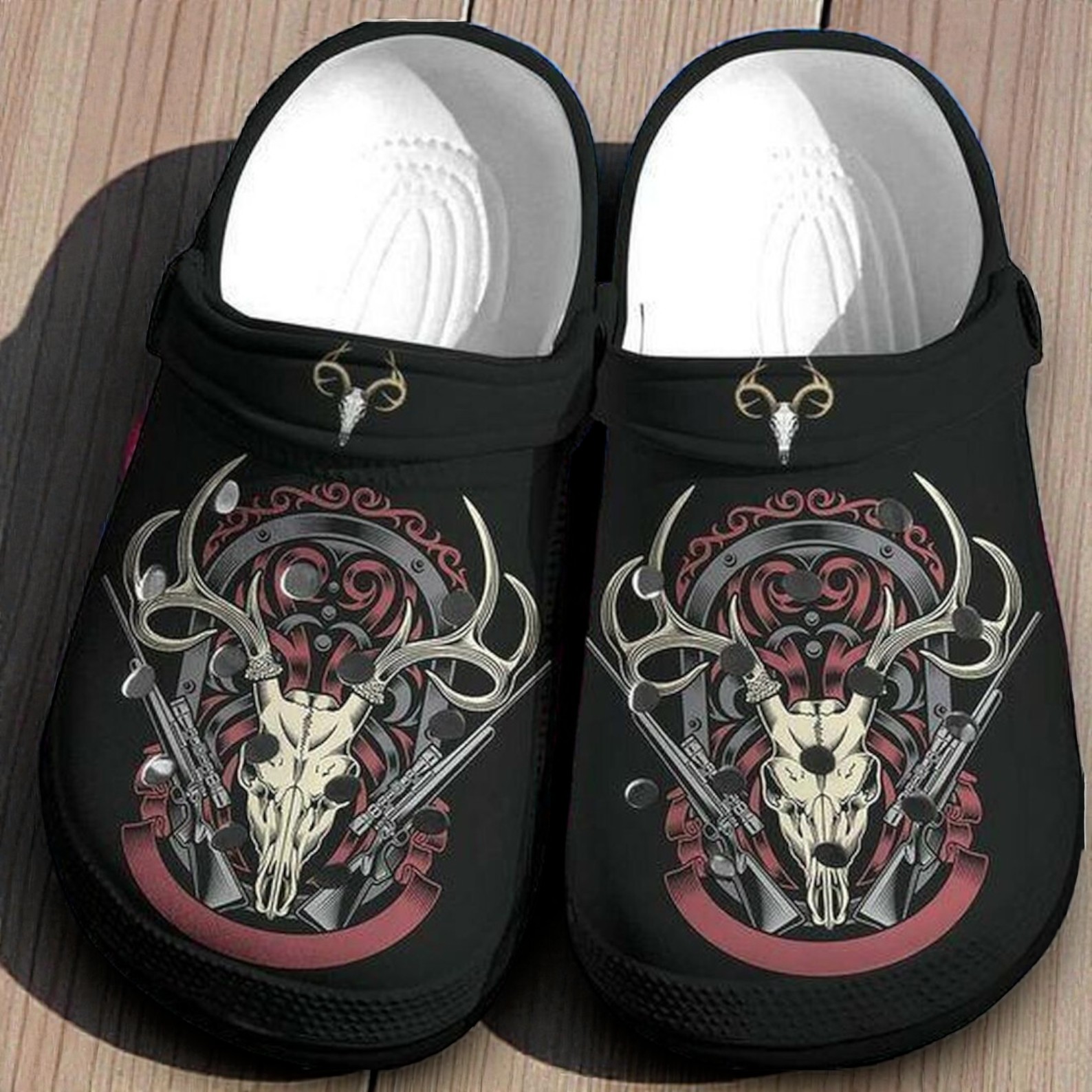 “The Trophy Room” – Deer Skull & Rifle Crest Black Crocs “The Trophy Room” – Deer Skull & Rifle Crest Black Crocs