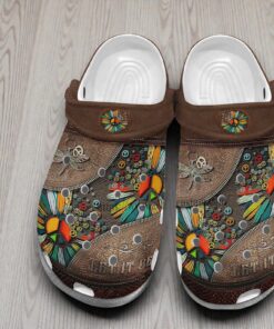 Boho “Let It Be” Peace Sign Crocs – Vintage Faux Leather Dragonfly Shoes